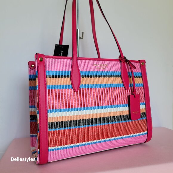 KATE SPADE Market Striped Woven Straw Medium Tote Bag-Wild Raspberry Multi⭐ - Picture 2 of 16